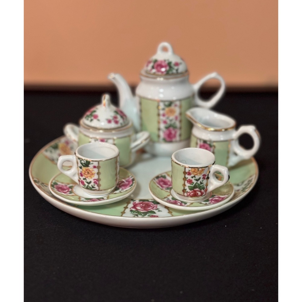 Nantucket Home Miniature Child Porcelain Tea Set Rose Green Gold 10pc Boxed